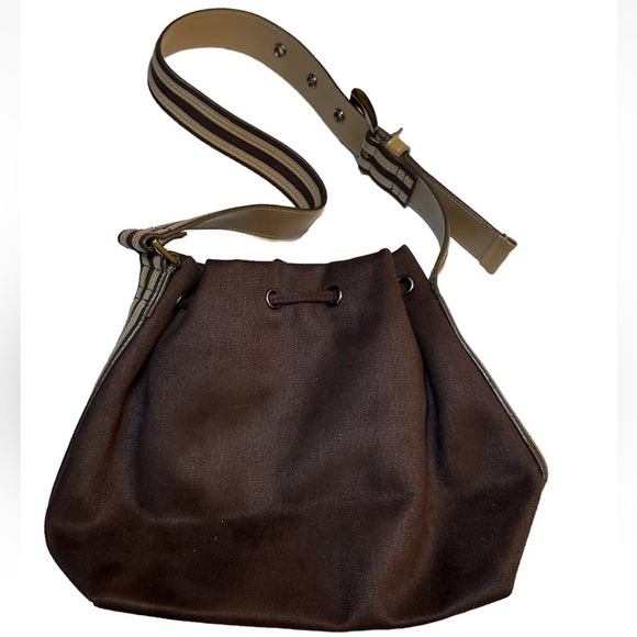 KENNETH COLE REACTION DRAWSTRING PURSE BROWN SOFT SUEDE BAG LEATHER BUCK… - Picture 2 of 9